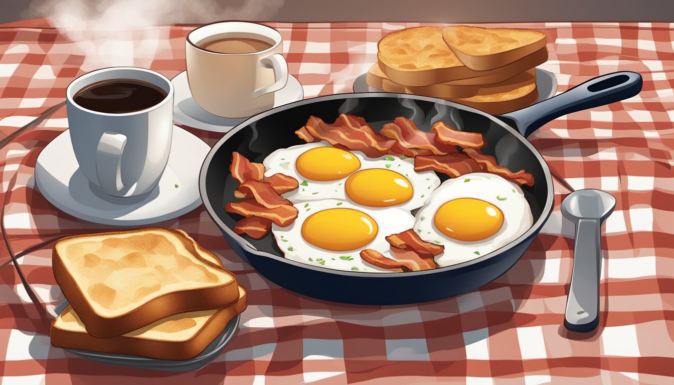 A sizzling skillet of bacon, eggs, and hash browns with a side of toast and a steaming cup of coffee on a checkered tablecloth