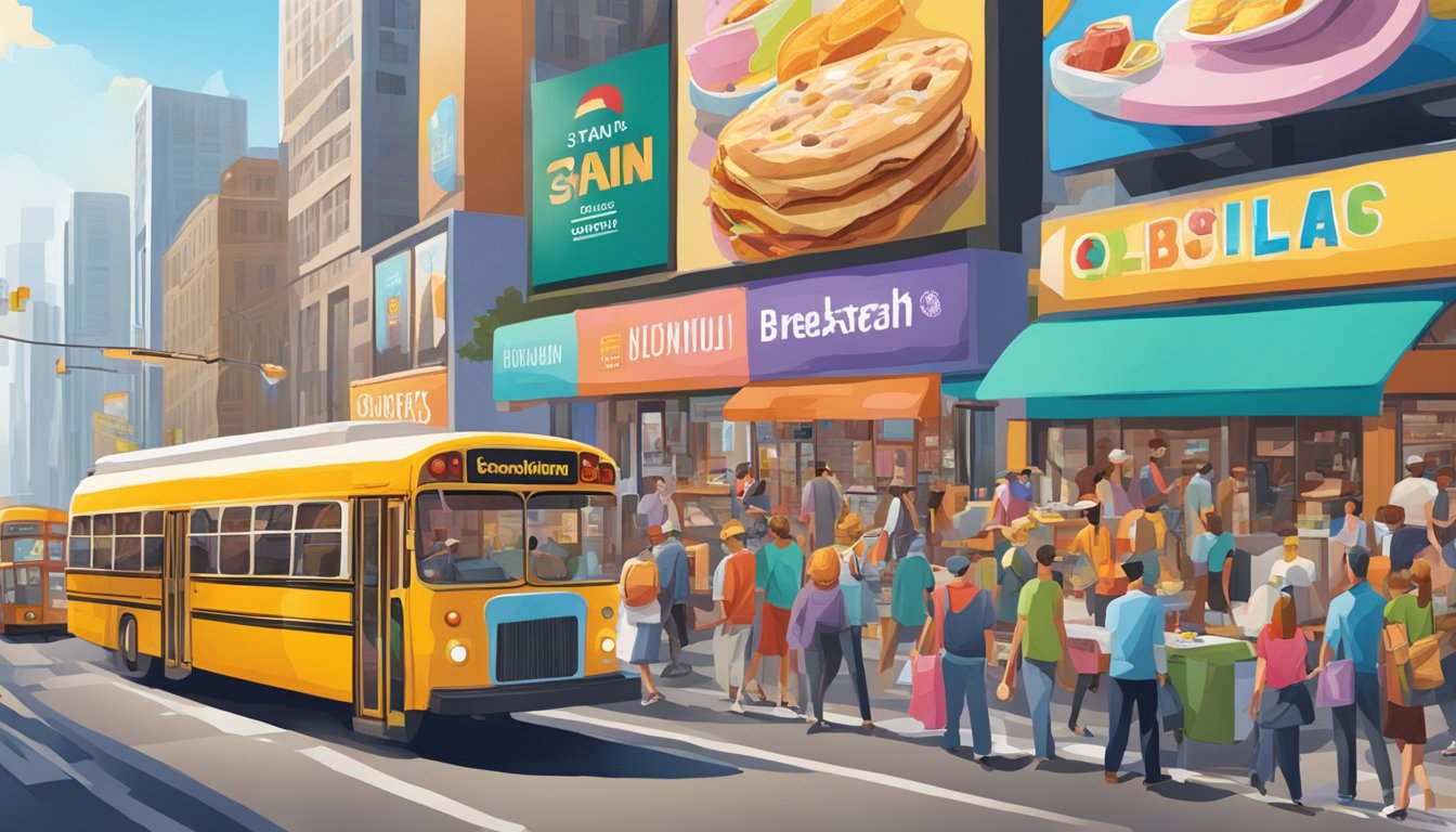 A bustling city street with a towering billboard featuring a colorful and enticing breakfast spread, surrounded by smaller ads on buses and storefronts