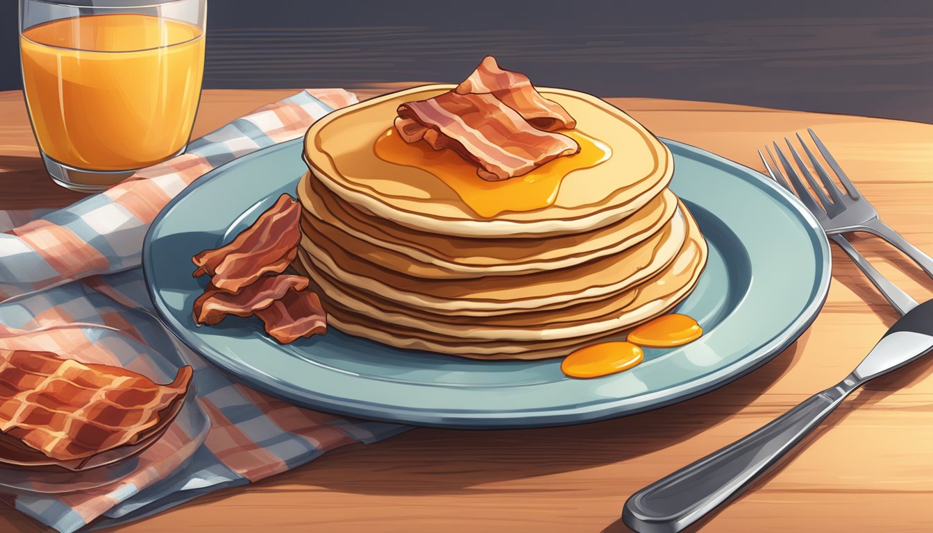 A plate with a stack of pancakes topped with syrup, a side of bacon, and a glass of orange juice on a table