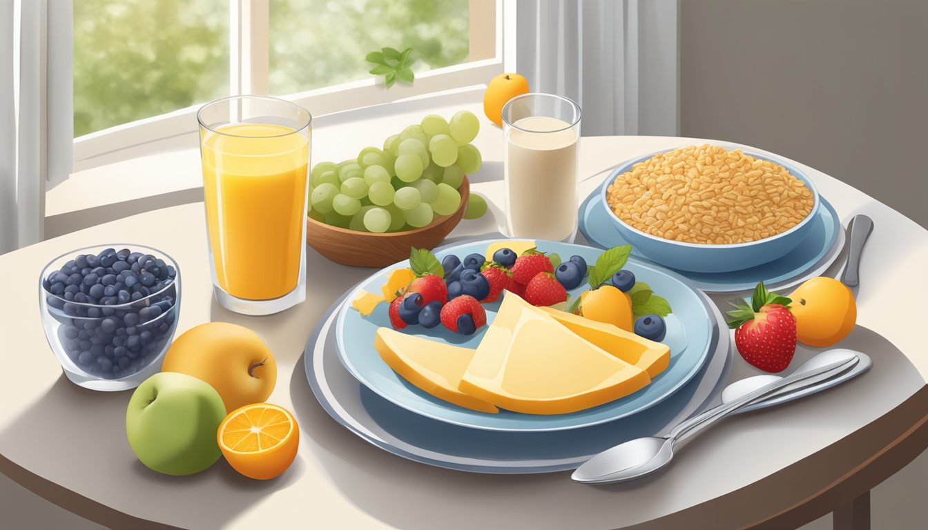 A breakfast table with a balanced spread of fruits, whole grains, dairy, and protein, alongside a glass of water