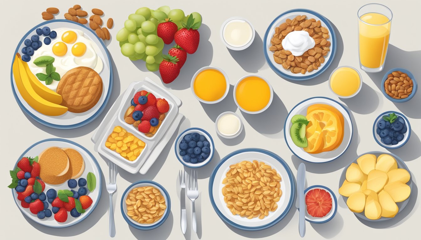 A table set with a variety of breakfast items, including fruits, cereals, eggs, and yogurt, with corresponding calorie and nutrient information displayed