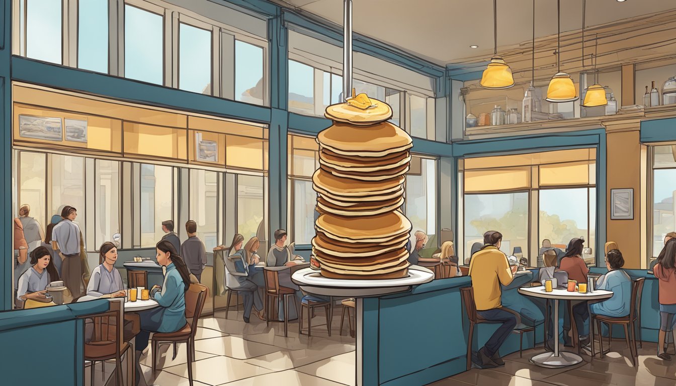 A bustling breakfast restaurant with a line out the door, featuring a towering stack of pancakes with syrup cascading down