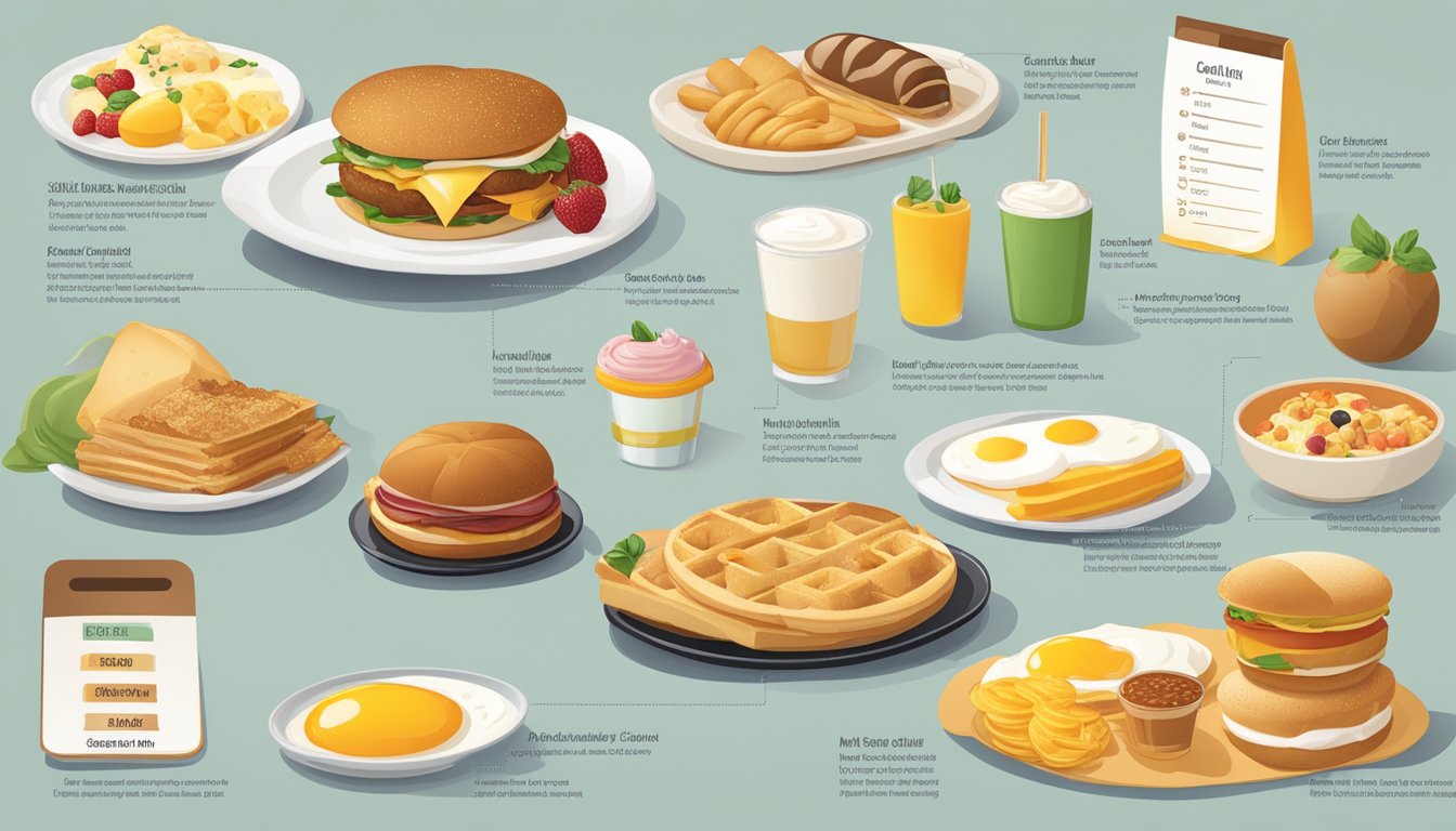 A breakfast menu with a variety of specialty items, including calorie counts displayed next to each item