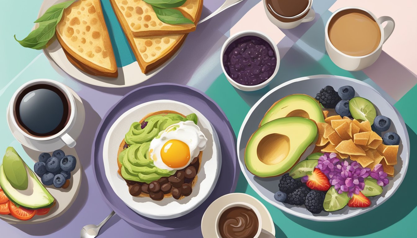 A colorful spread of non-traditional breakfast items, including avocado toast, acai bowls, and breakfast burritos, with a steaming cup of coffee as the centerpiece