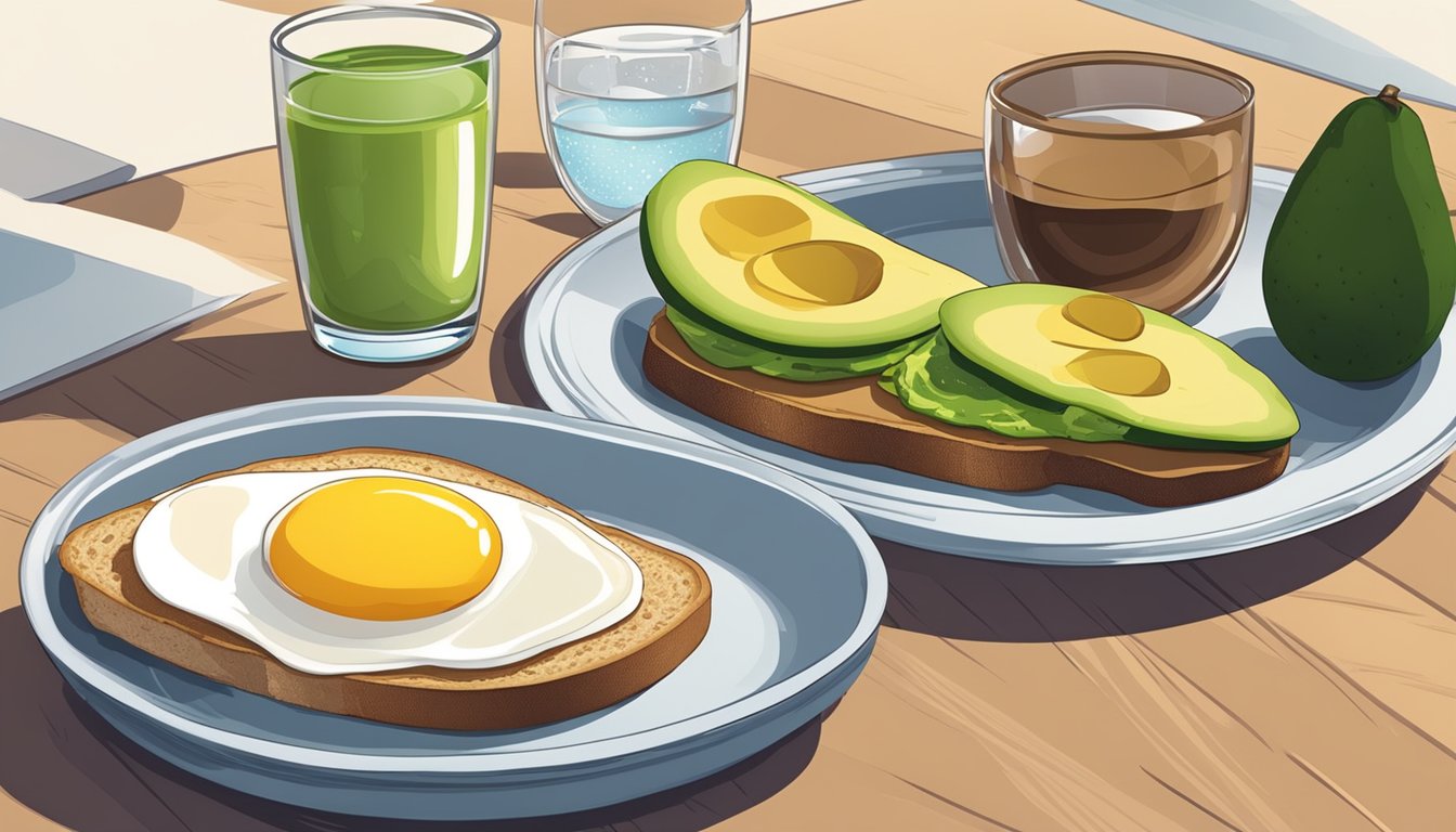 A table set with a balanced breakfast: whole grain toast, avocado, eggs, fruit, and a glass of water