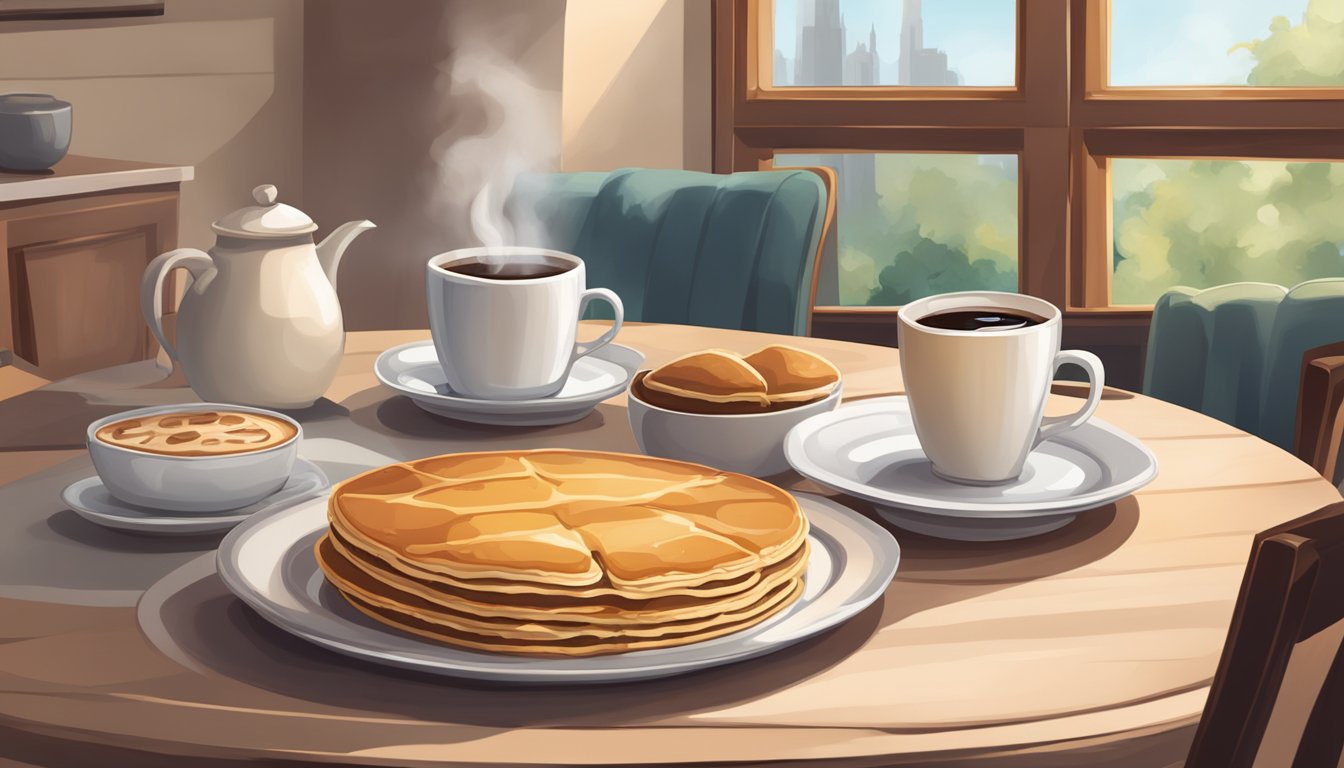 A table set with a steaming cup of coffee, a stack of pancakes, and a slice of pie, surrounded by a cozy breakfast nook