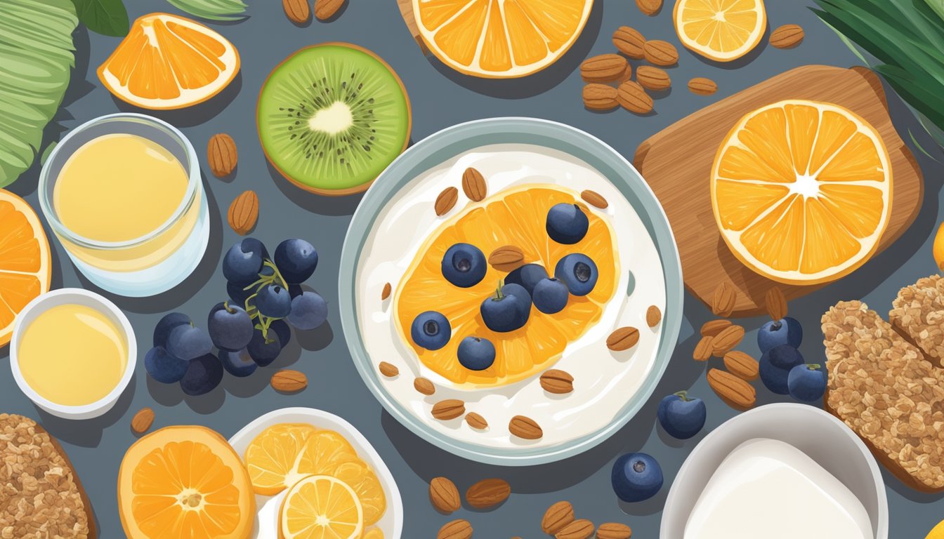 A colorful array of fruits, yogurt, granola, and whole grain bread on a breakfast table. A glass of fresh orange juice completes the health-conscious spread