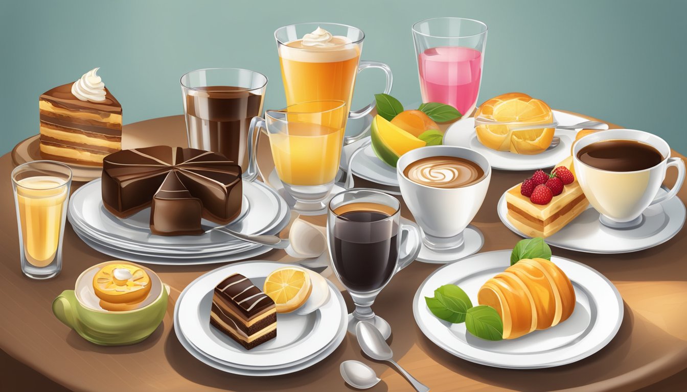 A table set with a variety of beverages and desserts, including coffee, tea, pastries, and fruit