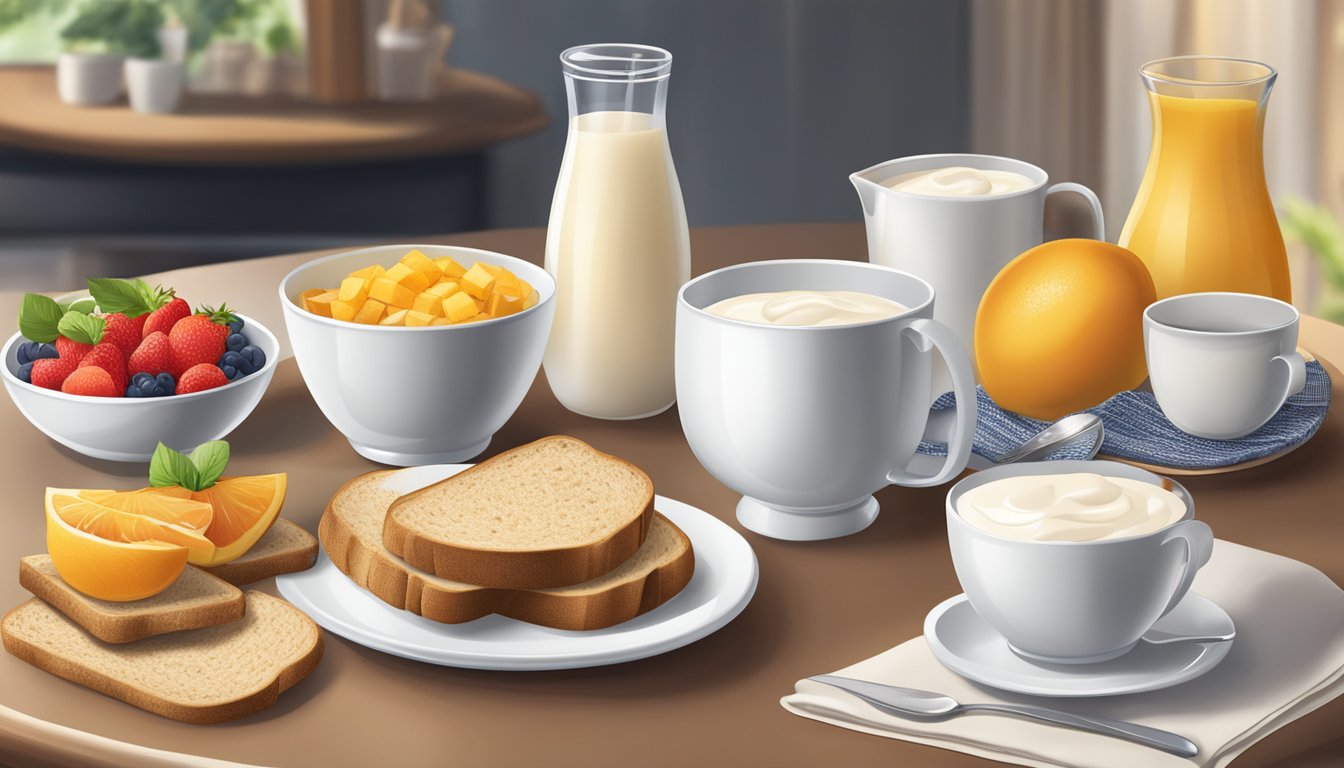 A breakfast table with a variety of food items, including fruits, yogurt, and whole grain toast. A menu with dietary options is displayed