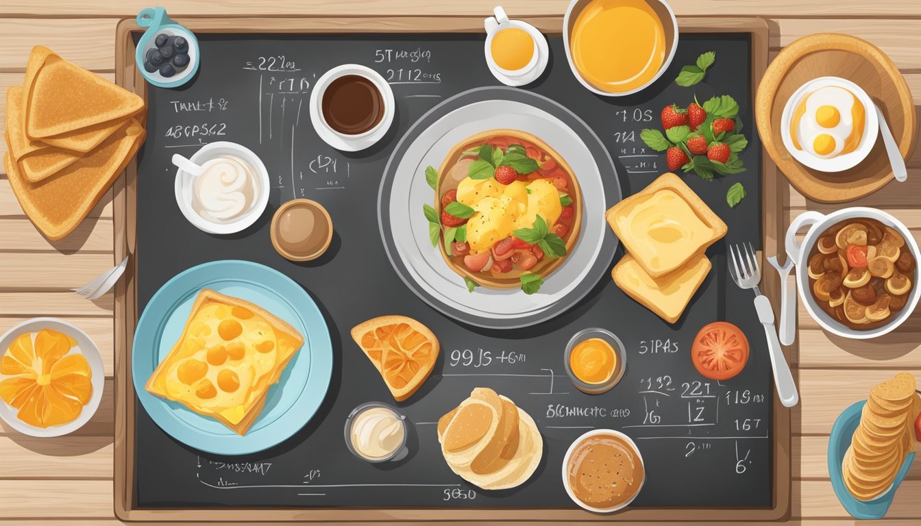 A table set with a variety of breakfast items, surrounded by a chalkboard with pricing calculations and diagrams