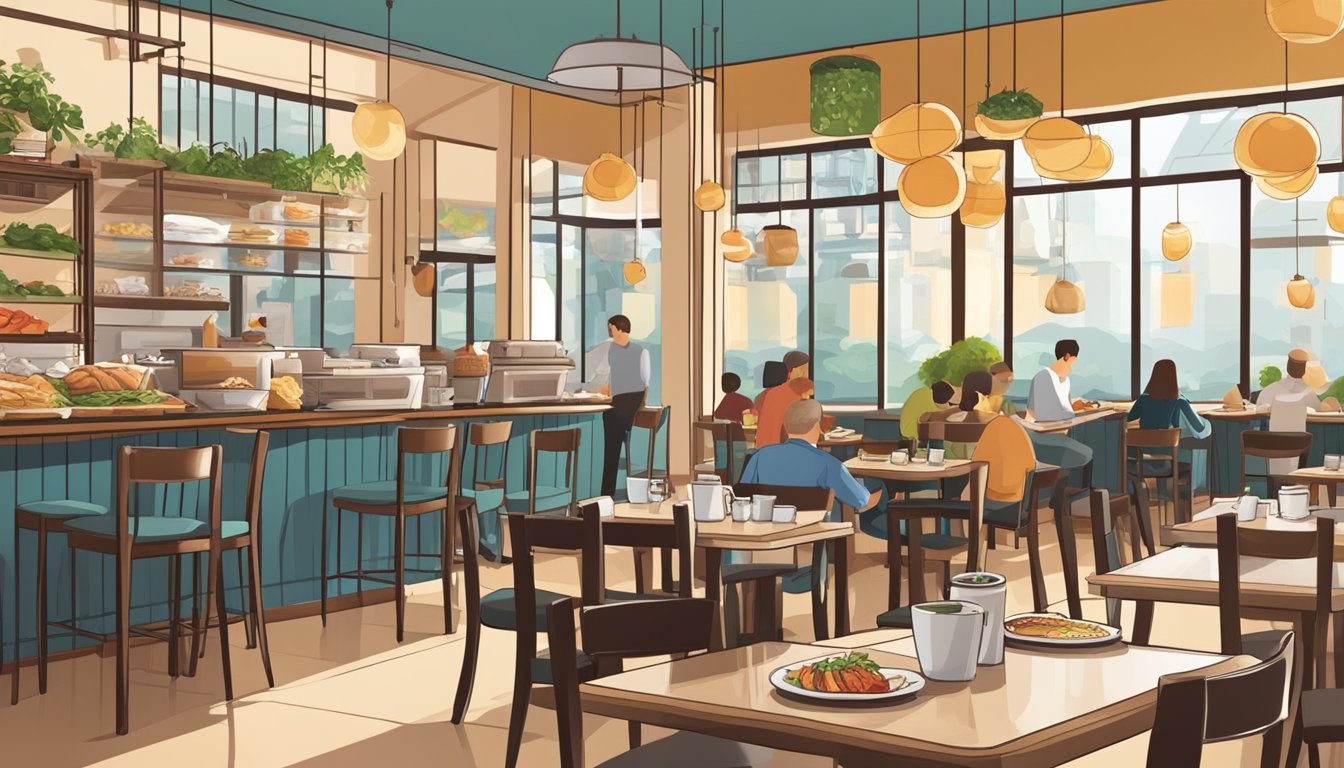 A bustling cafe with tables set for breakfast, featuring a variety of international dishes like French croissants, Japanese sushi, and Mexican chilaquiles