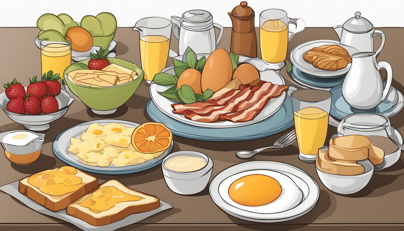 A table set with a variety of breakfast items, including eggs, bacon, toast, and fruit. A chart or graph showing the economics of pricing