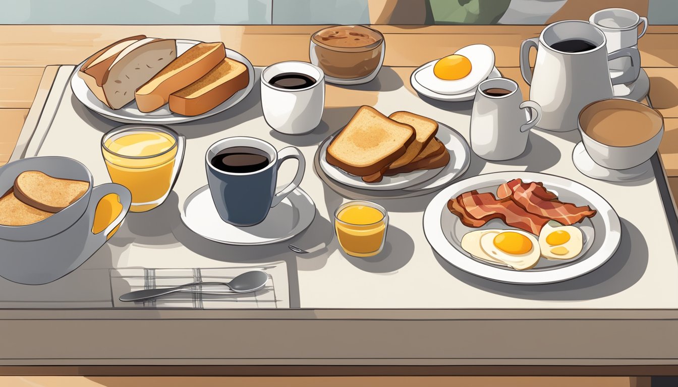 A table with a spread of breakfast items: eggs, bacon, toast, fruit, and coffee. A chart showing nutritional values and customer preferences hangs on the wall