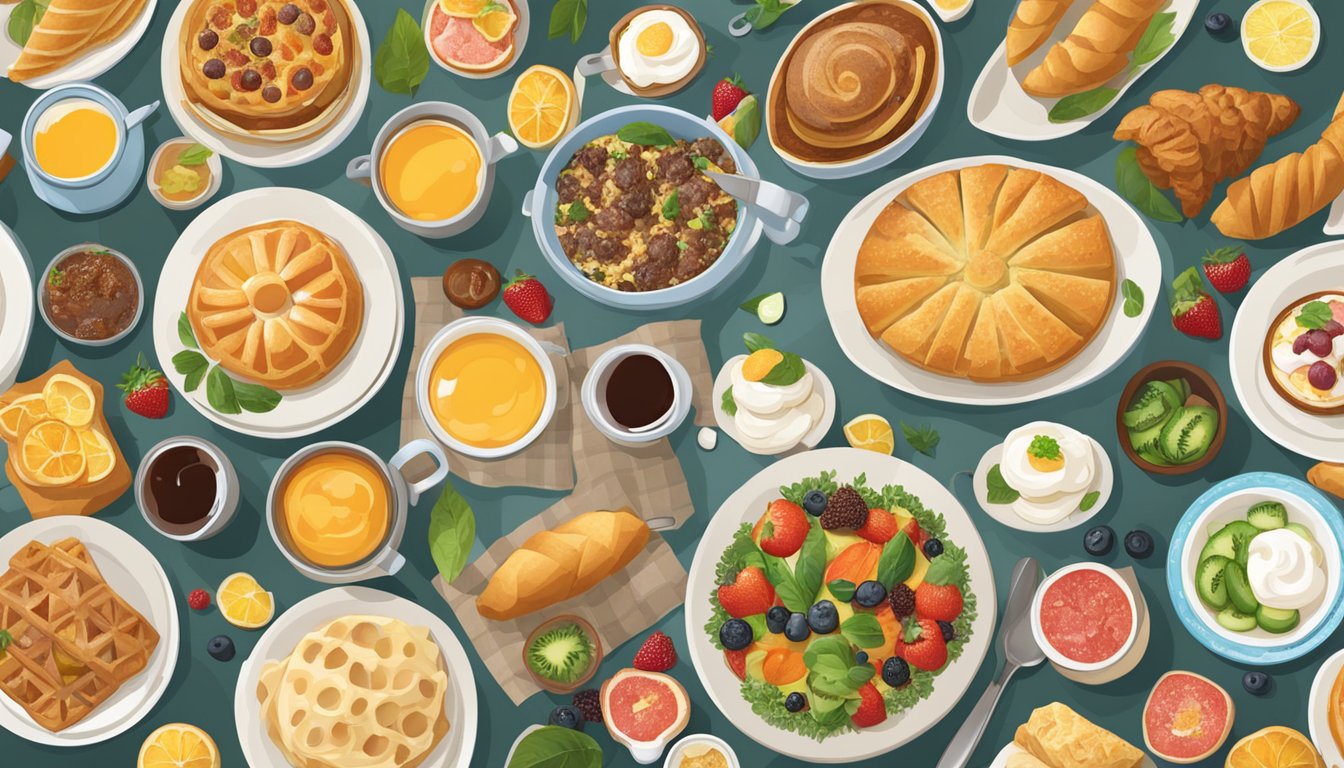 A table adorned with a spread of international breakfast items from around the world, including pastries, fruits, and savory dishes