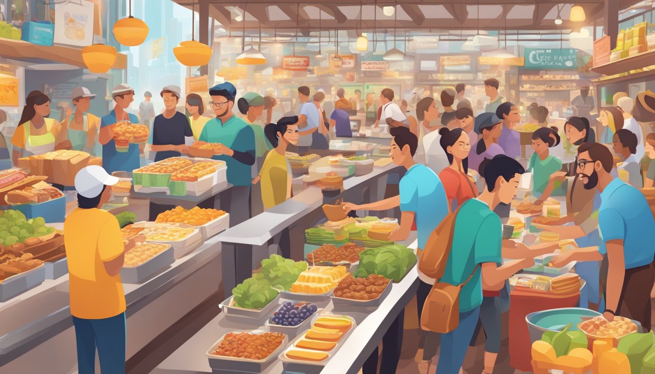 A bustling breakfast-themed market with colorful merchandise displays and excited fans browsing and purchasing items