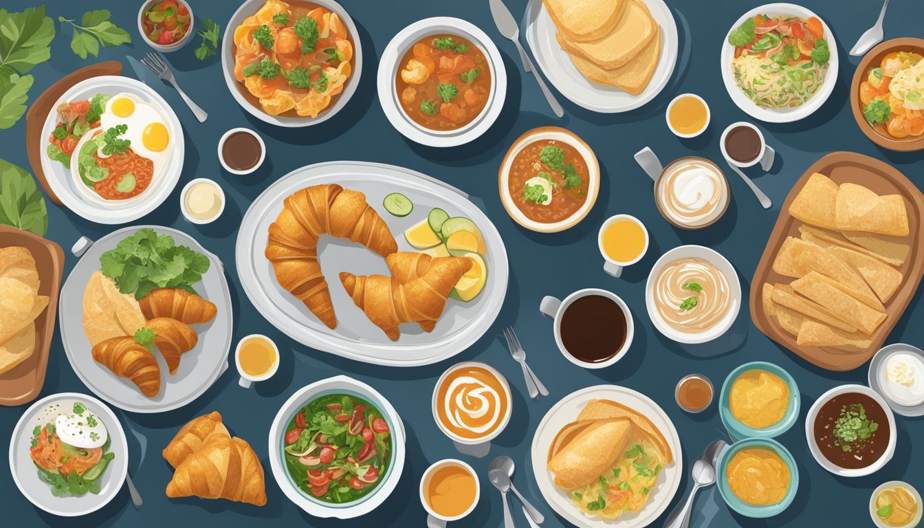 A colorful spread of global breakfast dishes, including croissants, miso soup, chilaquiles, and more, with corresponding nutritional information displayed