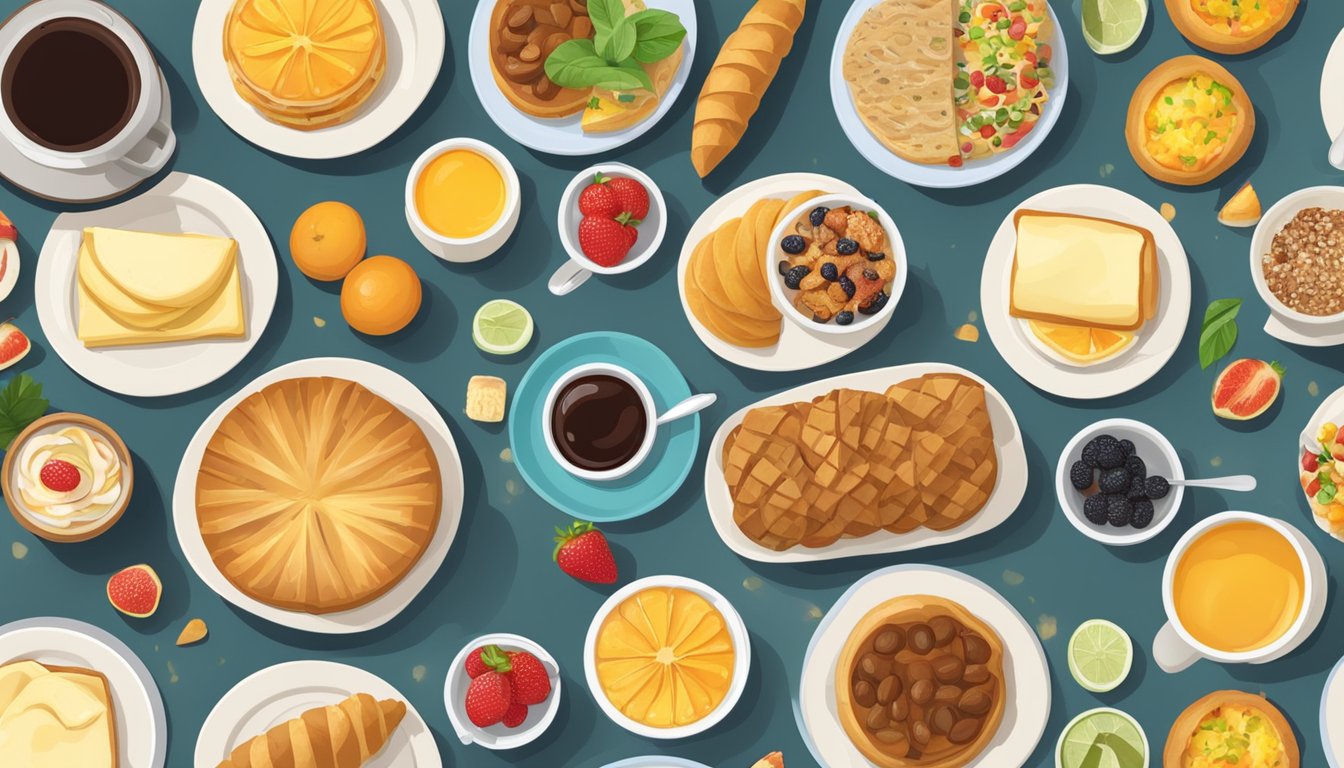 A table spread with international breakfast items from around the world, including pastries, fruits, and traditional dishes