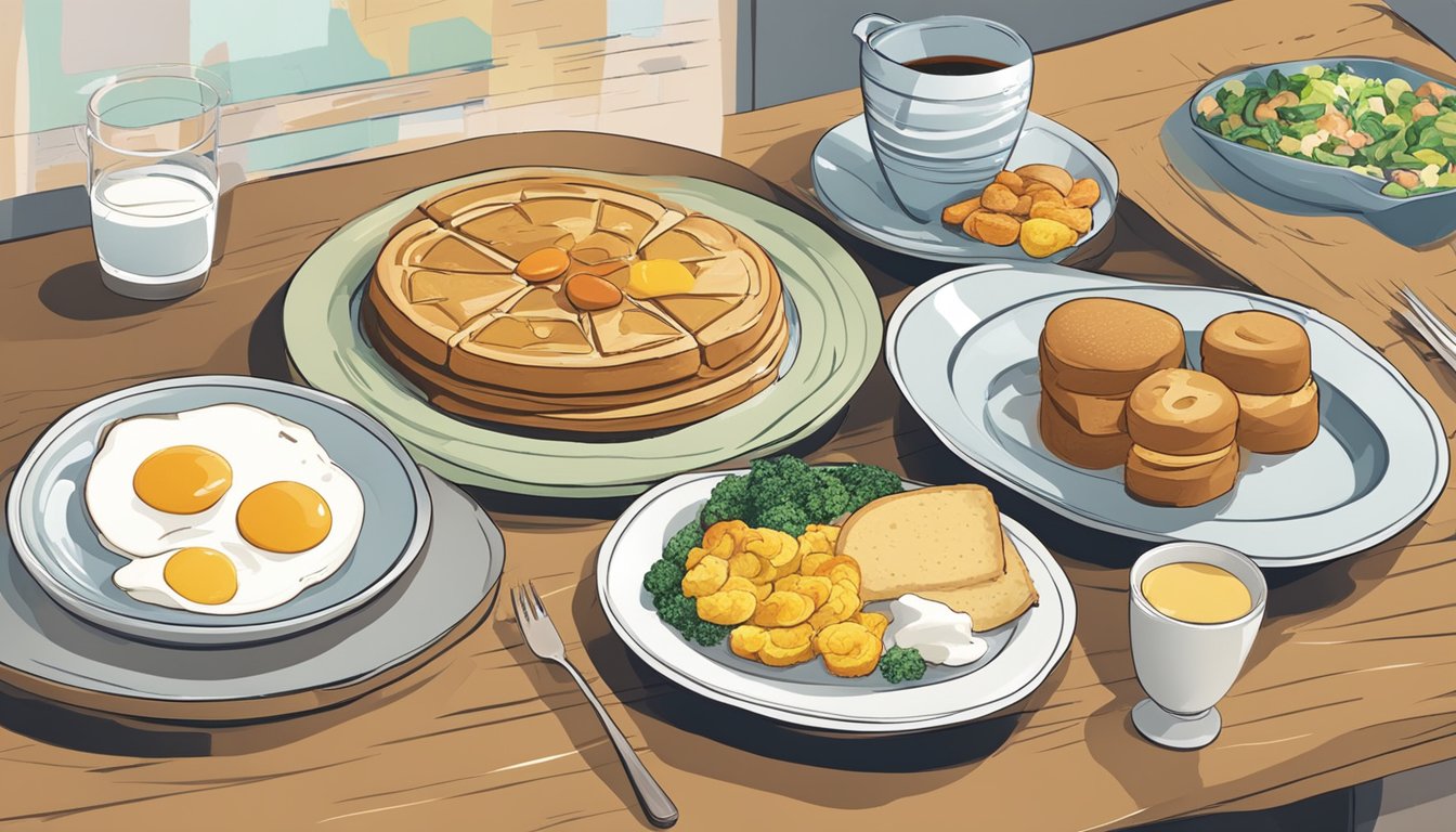 A table with plates of breakfast items and a chart comparing prices with competitors