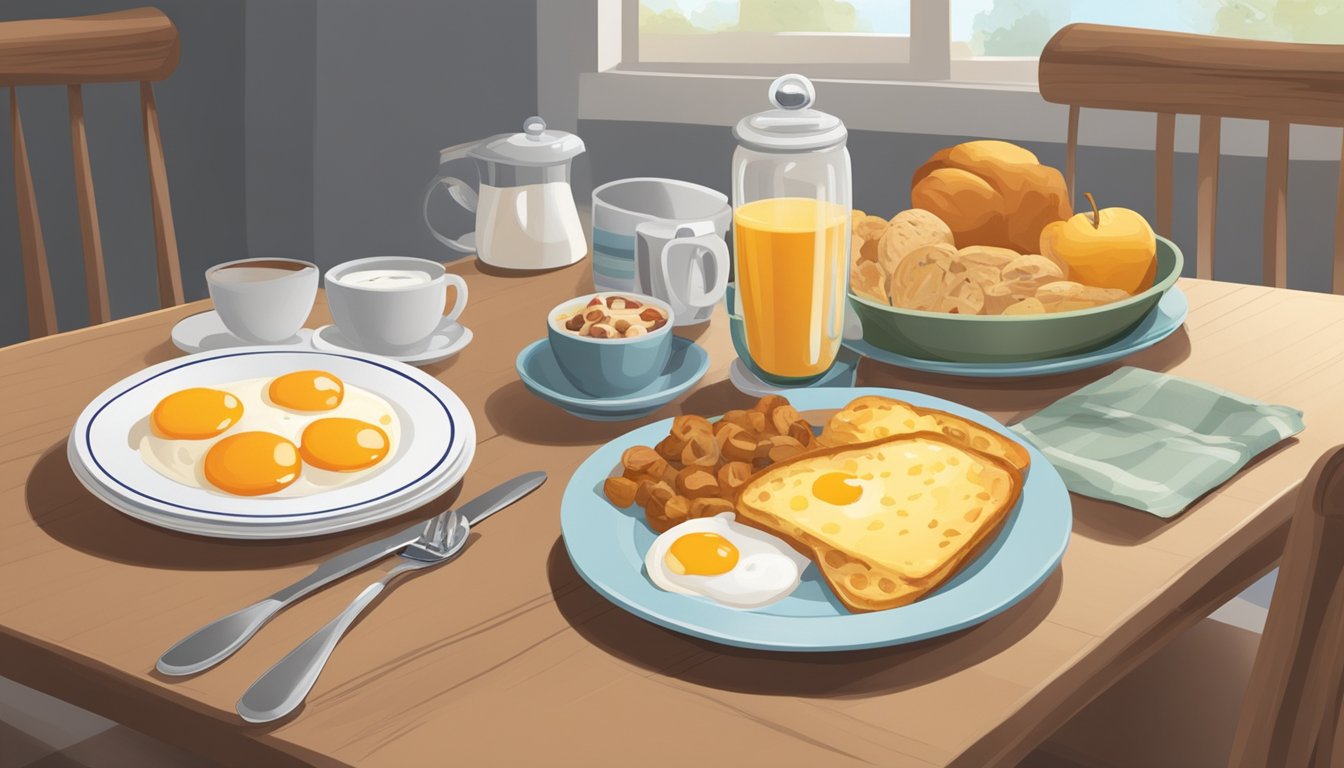 A table set with breakfast foods, a clock showing early morning, and a price tag next to a plate of food