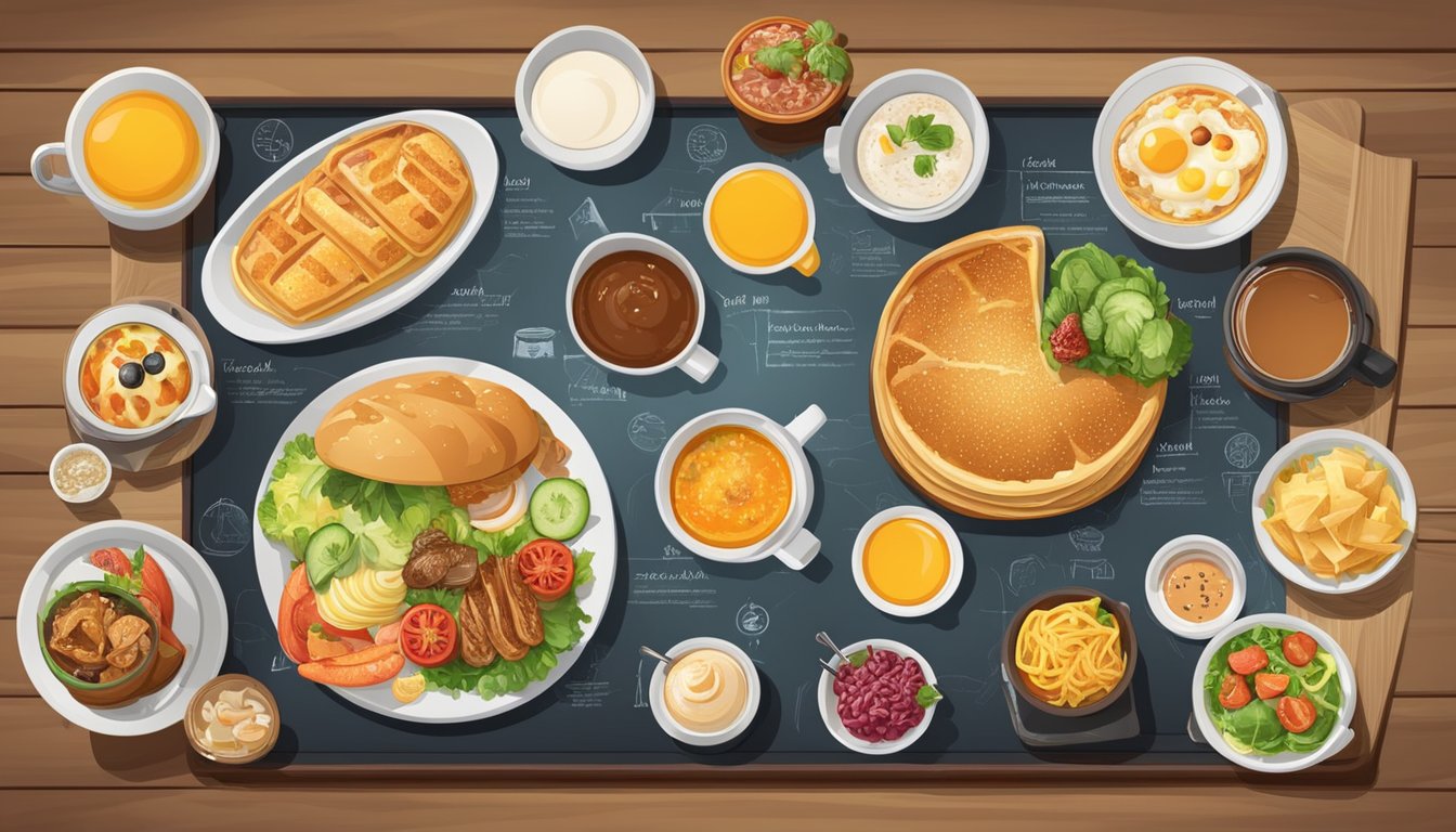 A colorful array of global breakfast dishes displayed on a menu board with prices, surrounded by diverse cultural symbols and landmarks