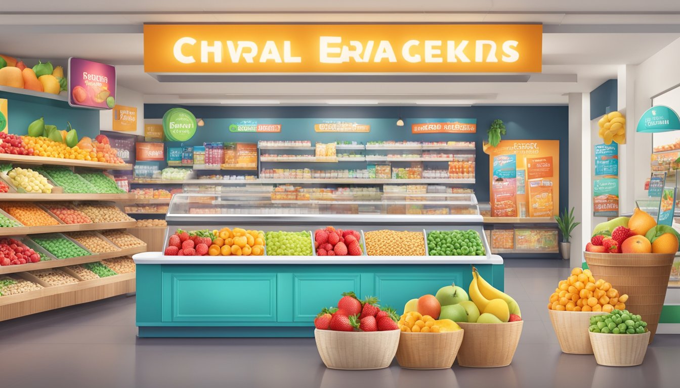 A colorful display of fresh fruits, whole grain cereals, and yogurt, surrounded by vibrant signage and cheerful branding