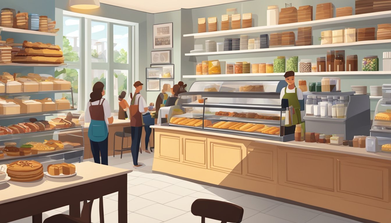 A bustling cafe with a variety of breakfast items on display, including coffee, pastries, and sandwiches. Customers browse the shelves and chat with the baristas