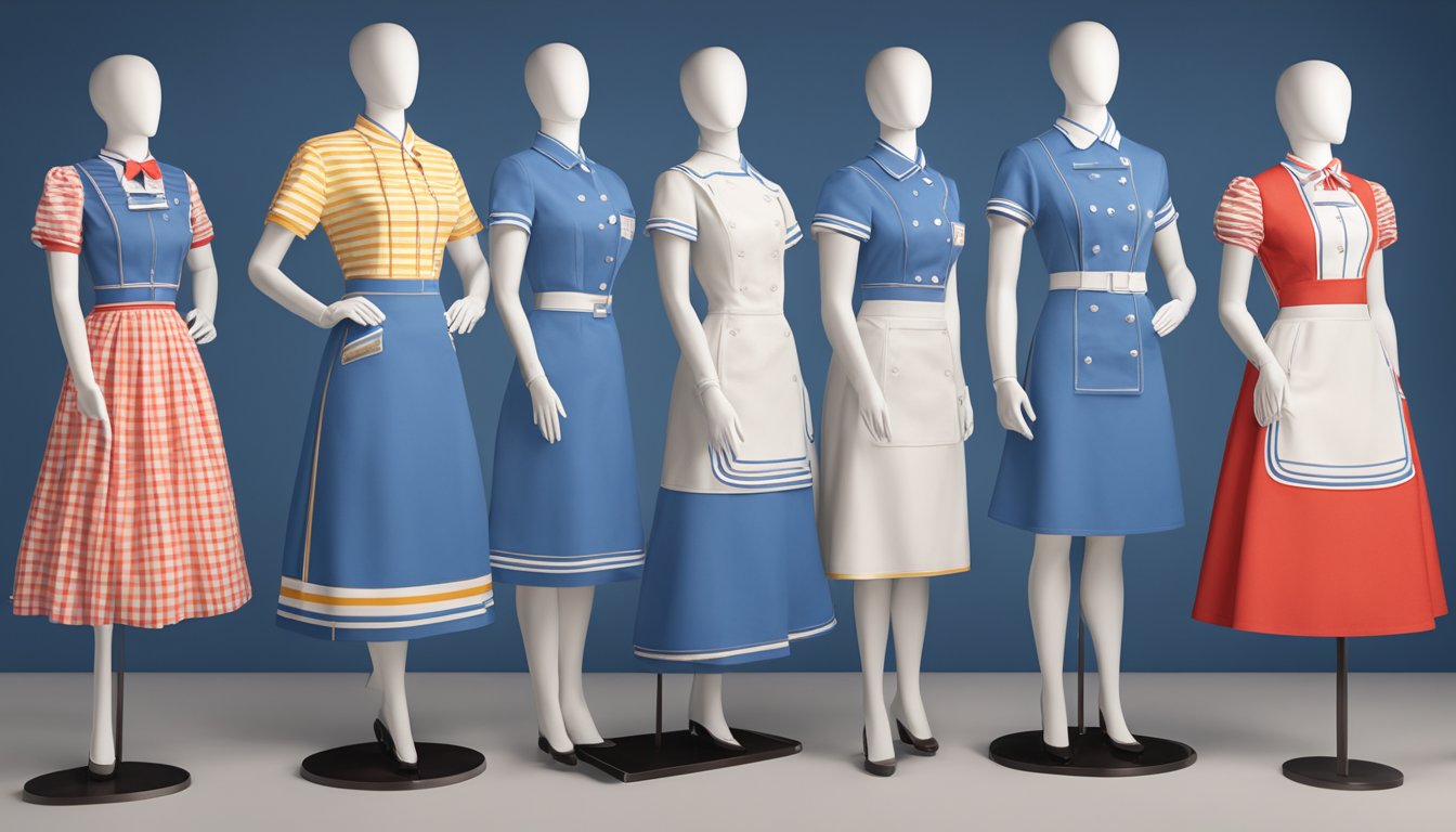 A series of vintage IHOP uniforms displayed on mannequins, showcasing the evolution of the brand's style over the decades