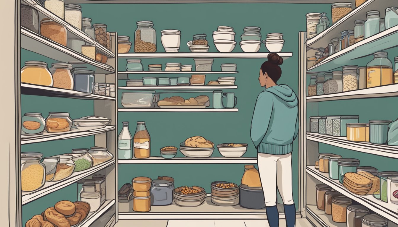 A person standing in front of a pantry filled with various breakfast options, contemplating their choice with a sense of indecision and contemplation