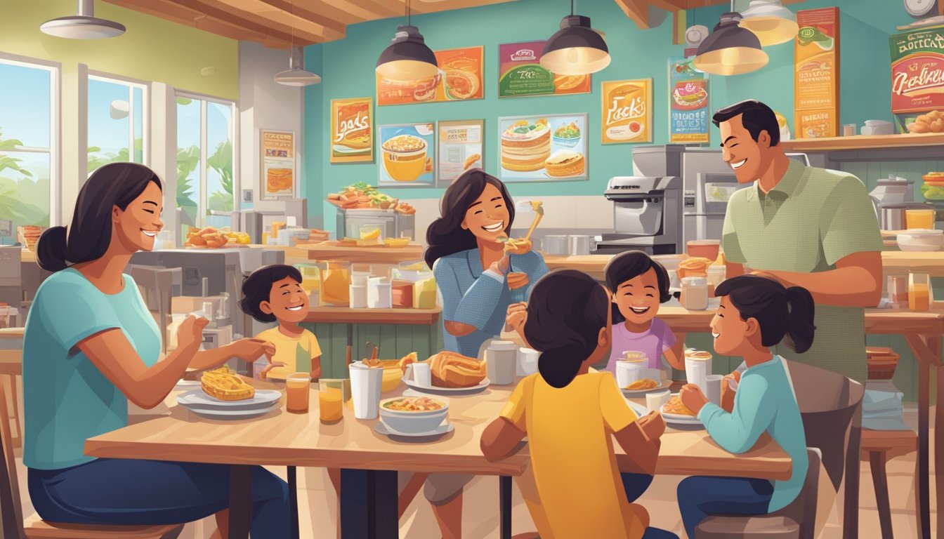 A family happily enjoys a breakfast spread at Jack's, surrounded by colorful promotional signs and offers