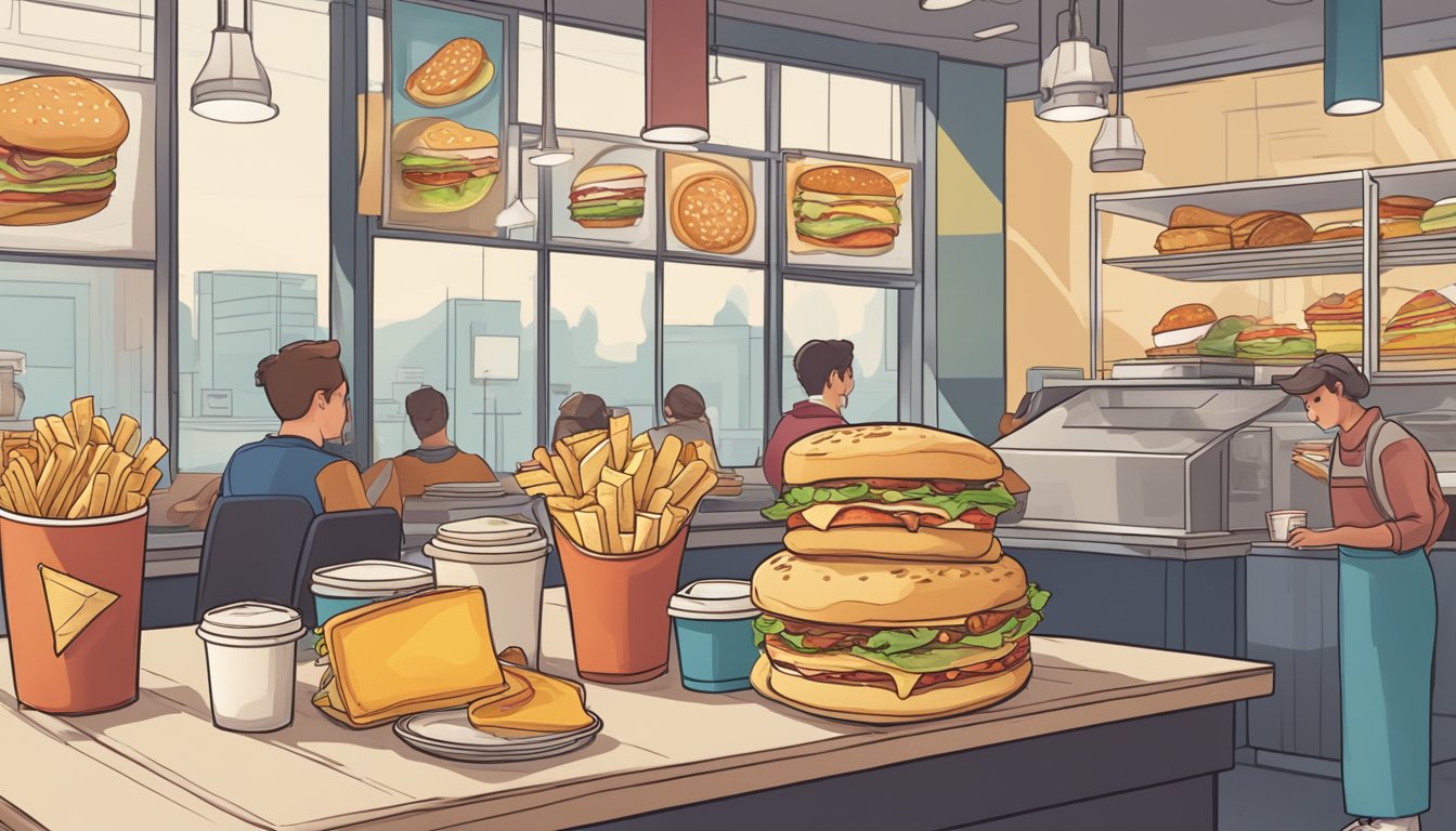 A bustling fast food restaurant with a display of failed breakfast items, including a sad-looking pancake sandwich and a rejected breakfast burrito