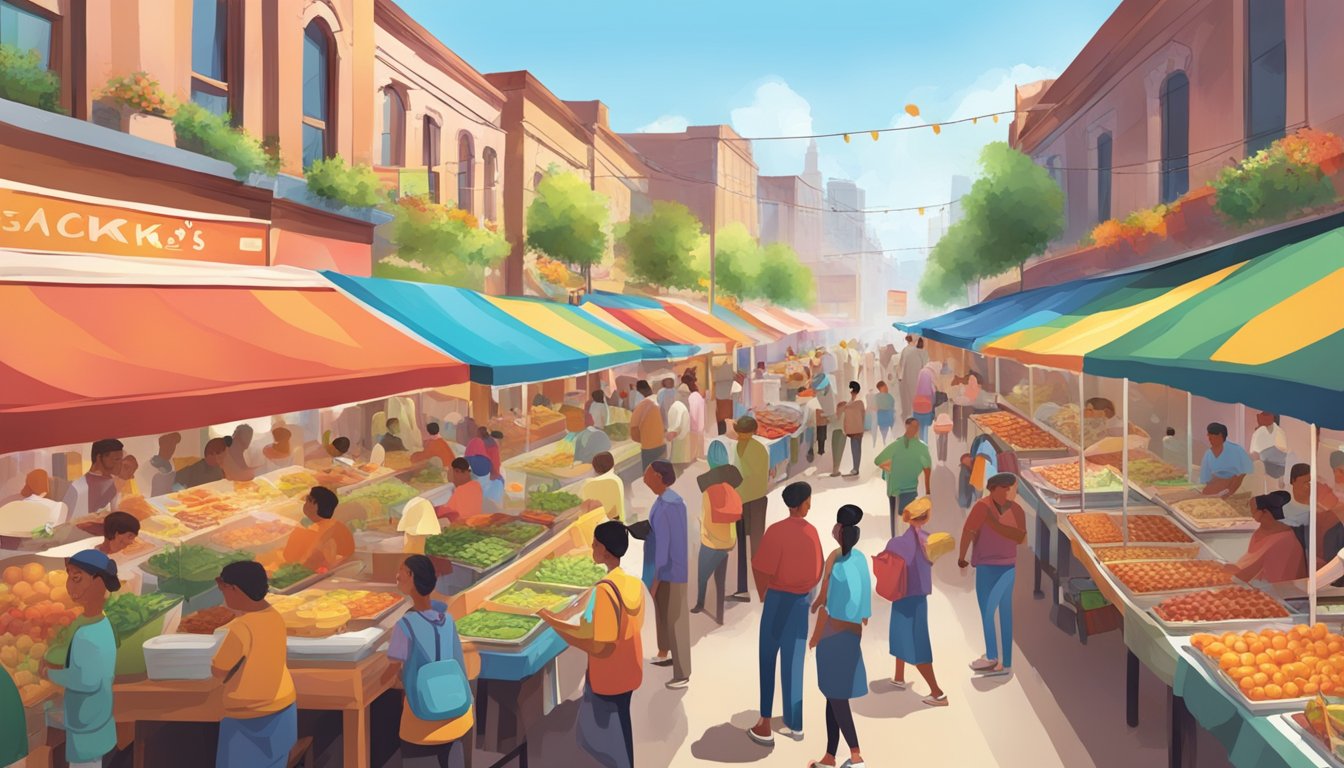 A bustling morning market with colorful food stalls, customers lining up at Jack's, and a vibrant atmosphere of competition among breakfast vendors