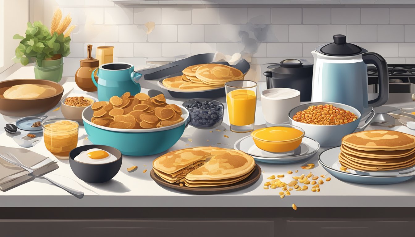 A cluttered kitchen counter with failed breakfast dishes scattered around, including burnt pancakes and spilled cereal