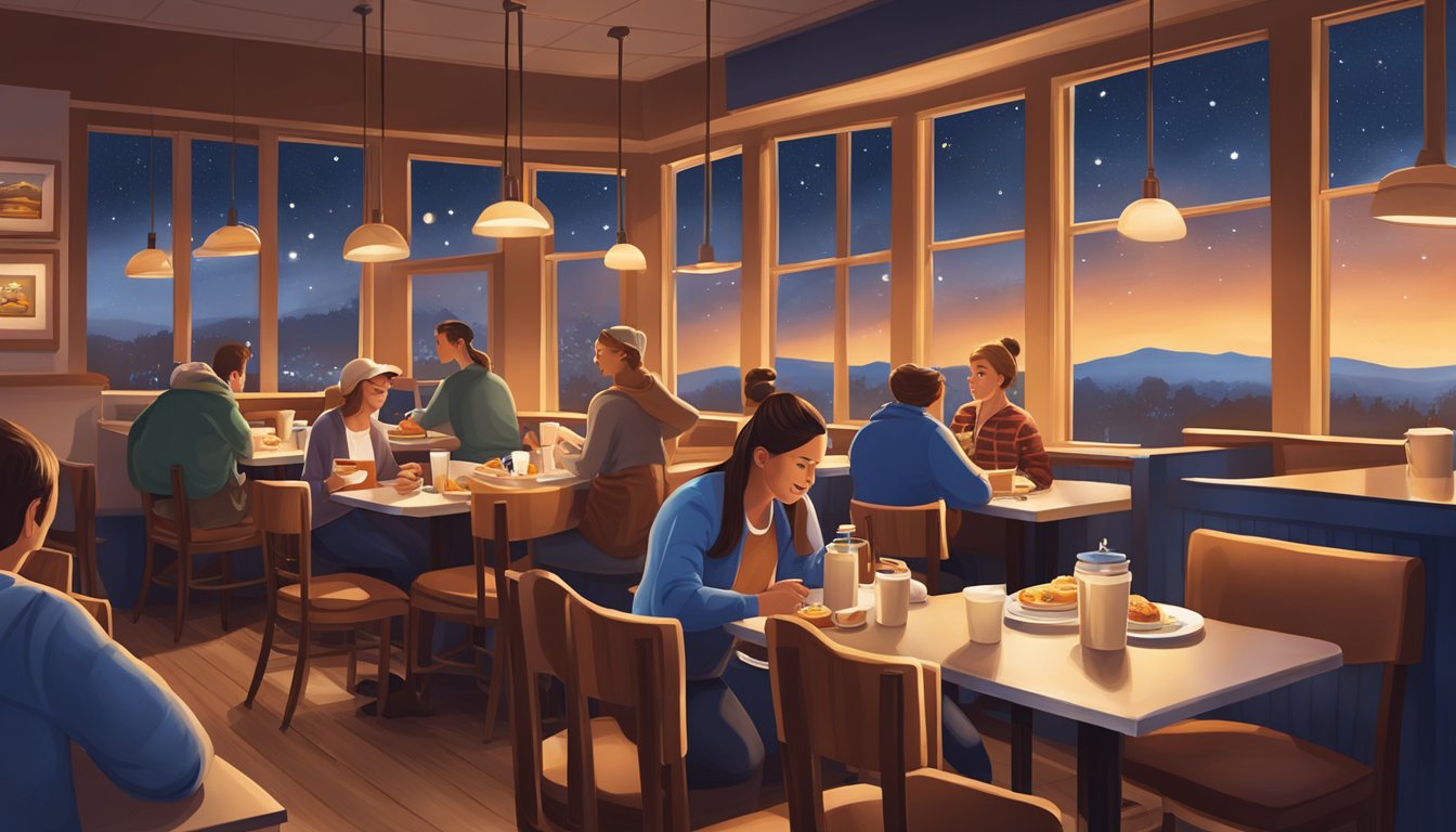 A bustling IHOP restaurant at night, with warm lighting and a cozy atmosphere. Diners enjoy classic breakfast dishes while the night sky looms outside