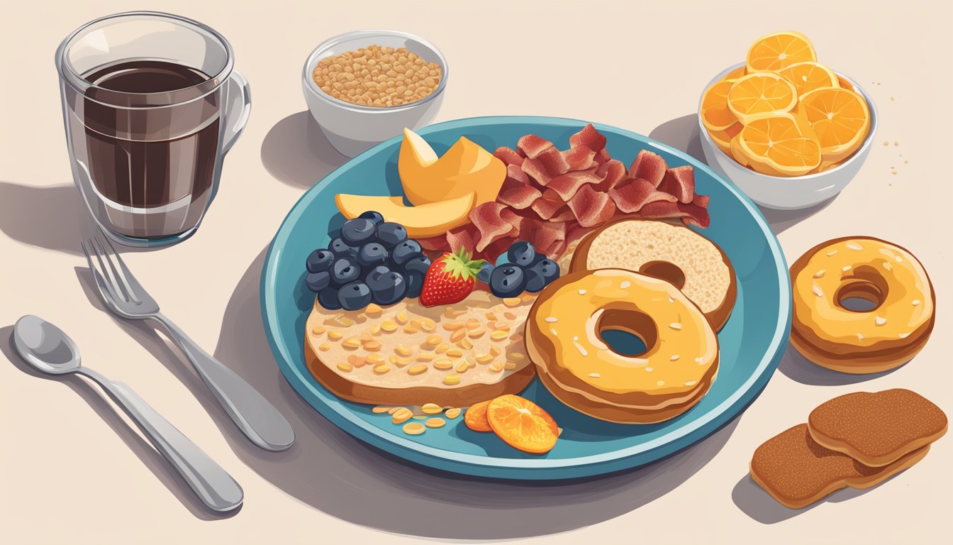 A table with rejected breakfast items: sugary cereals, donuts, and greasy bacon, contrasted with a bowl of fresh fruit and whole grain toast