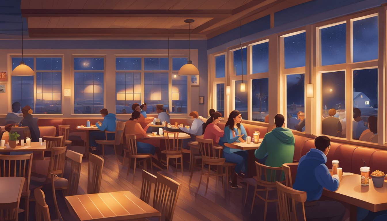 The cozy interior of IHOP at night, with warm lighting and steaming plates of comfort food being served to diners enjoying the late-night dining experience