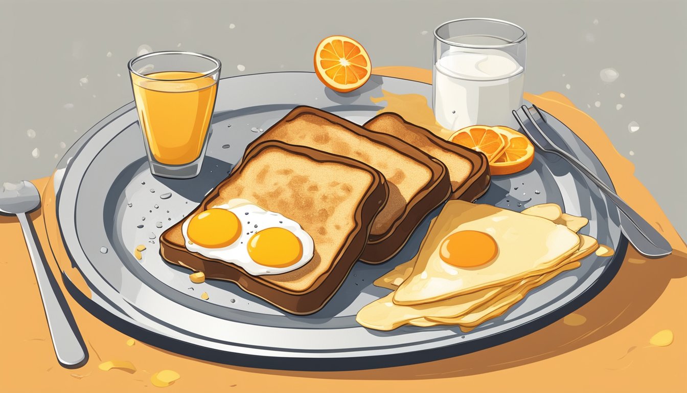 A pile of burnt toast, a runny egg, and a soggy pancake lay on a plate. A spilled glass of orange juice adds to the mess