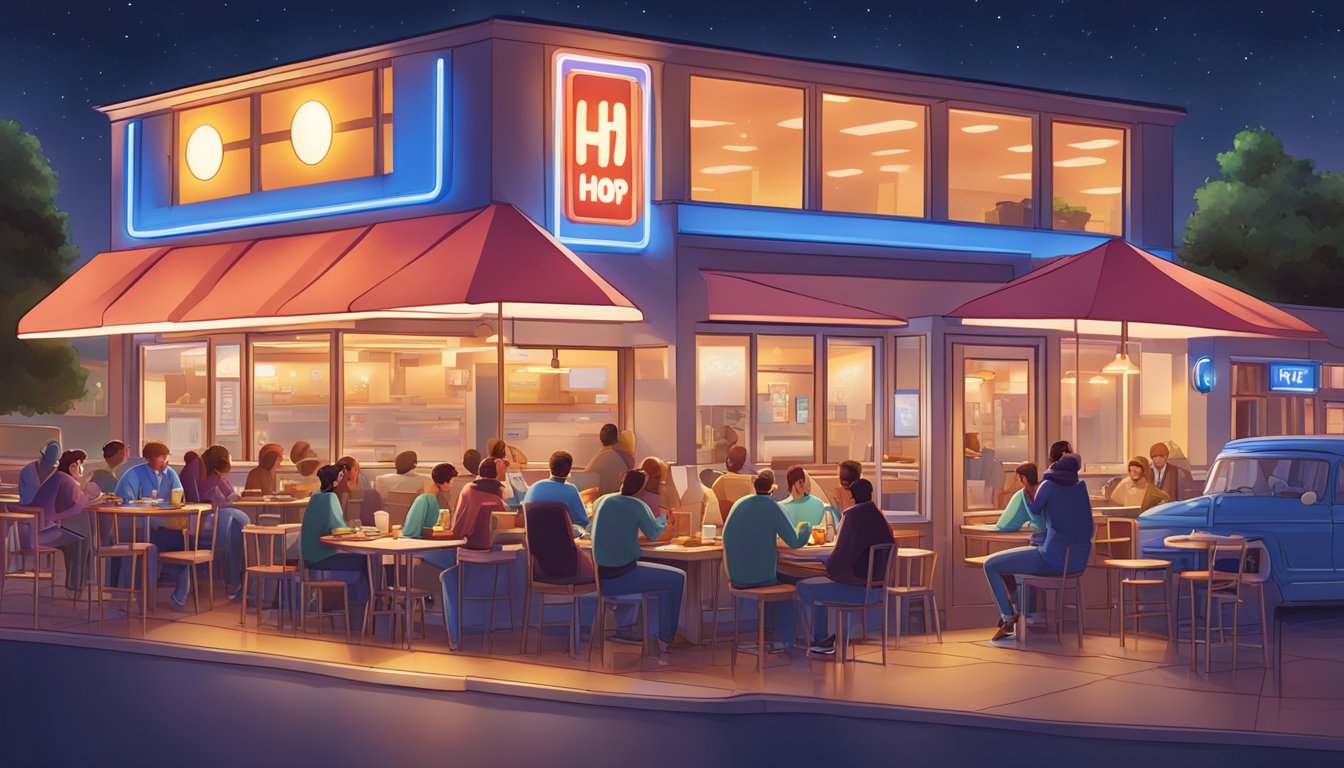 A bustling IHOP restaurant at night with neon signs, illuminated menus, and customers enjoying late-night meals in a cozy, inviting atmosphere