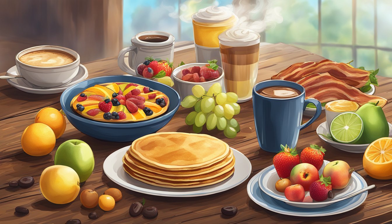 A colorful array of fresh fruits, sizzling bacon, golden pancakes, and steaming coffee on a rustic wooden table