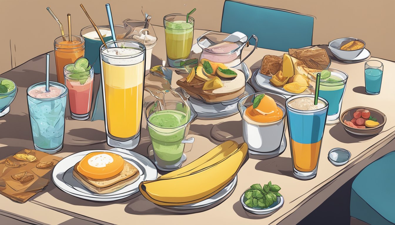 A table with spilled drinks and discarded breakfast items, including failed menu items like unusual smoothie flavors and experimental breakfast cocktails