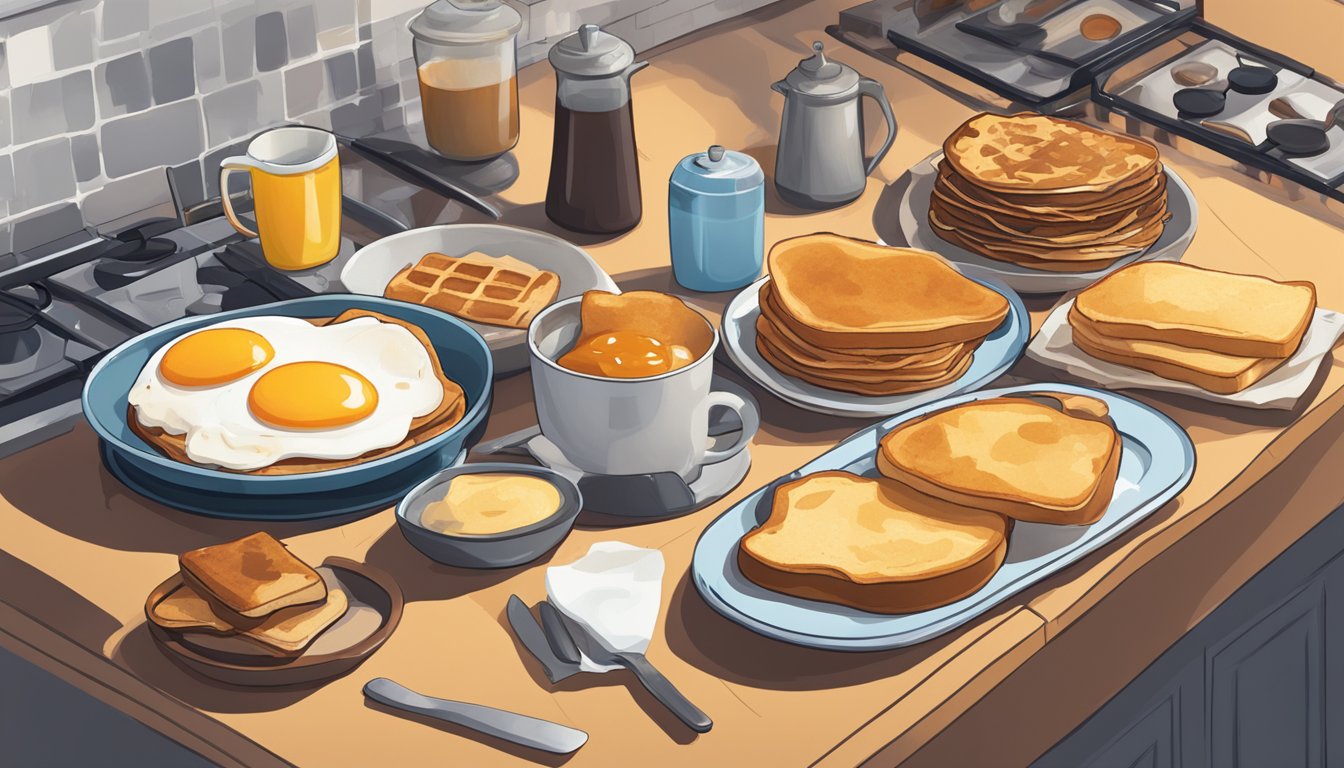 A pile of rejected breakfast items, including burnt toast, overcooked eggs, and a failed attempt at a pancake, sits on a cluttered kitchen counter