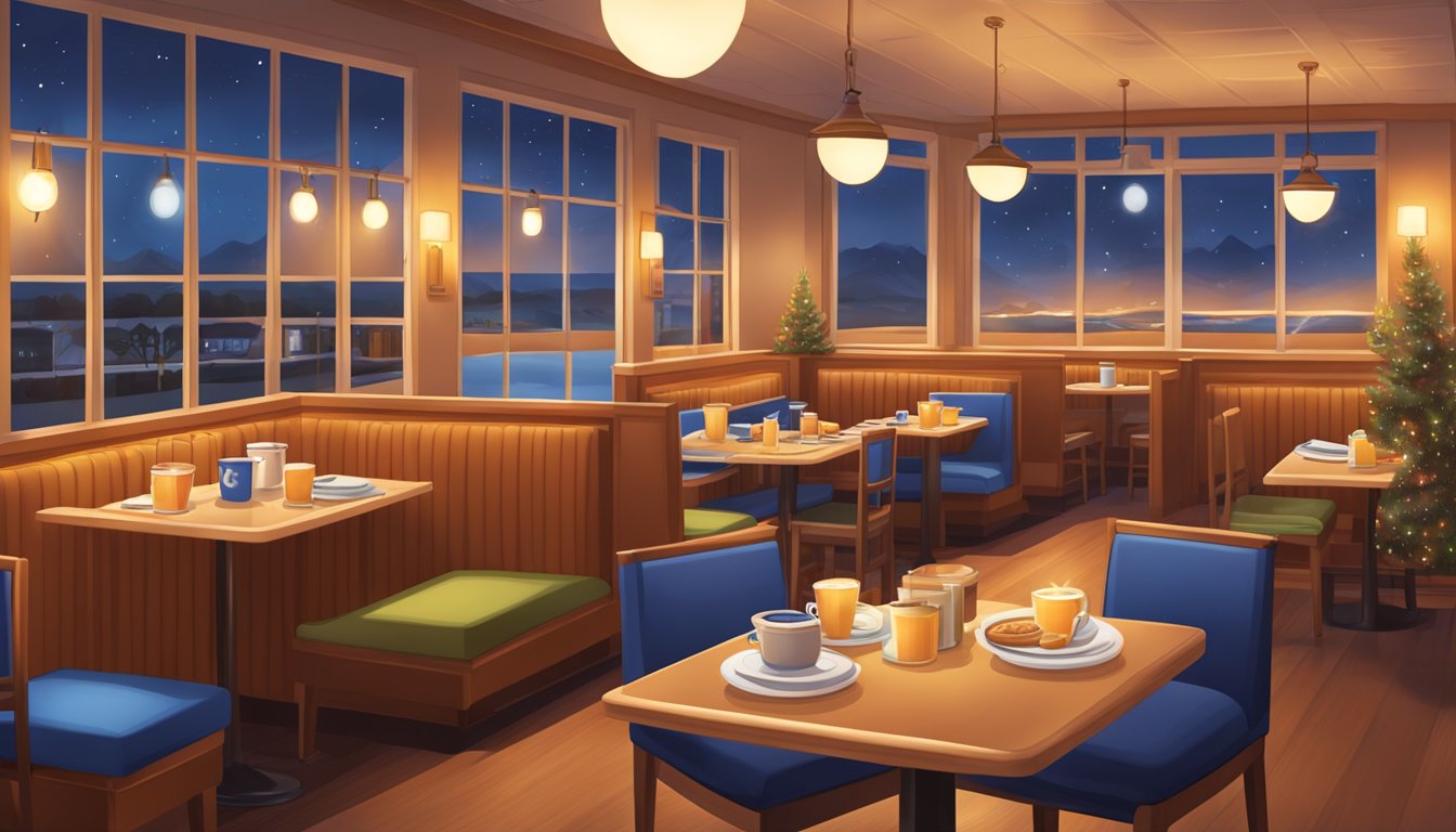 A cozy IHOP restaurant at night, with warm lighting and a welcoming atmosphere. Tables are set with limited edition menus featuring seasonal surprises