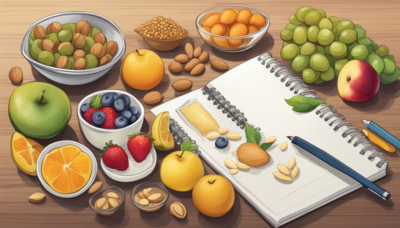 A kitchen counter with various ingredients like fruits, nuts, and grains, along with a notebook and pen for jotting down breakfast ideas