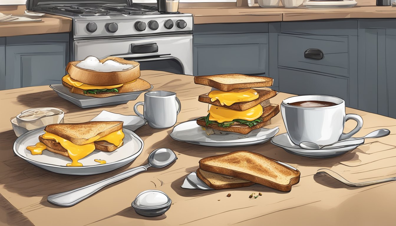 A cluttered kitchen counter with spilled coffee, burnt toast, and a failed attempt at a breakfast sandwich