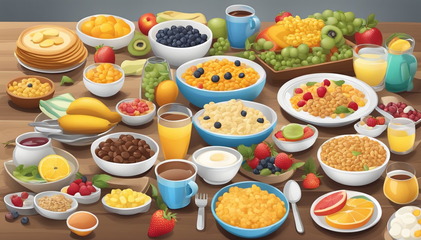 A colorful breakfast table with a variety of customizable ingredients and utensils, including fruits, cereals, and toppings, displayed in an organized and accessible manner