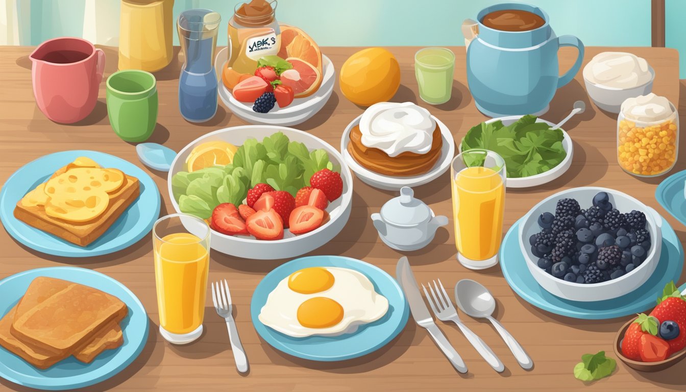 A colorful breakfast table with various ingredients and utensils arranged for customization. A banner advertising "Jack's Breakfast Hacks" hangs in the background