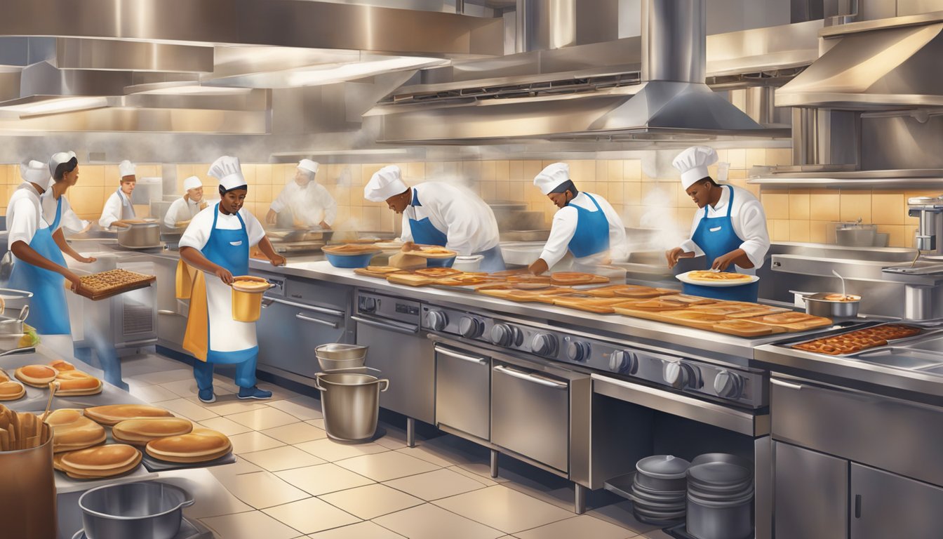 A bustling IHOP restaurant kitchen with chefs cooking and flipping pancakes, while others prepare stacks of waffles and pour syrup over plates of steaming hot breakfast dishes