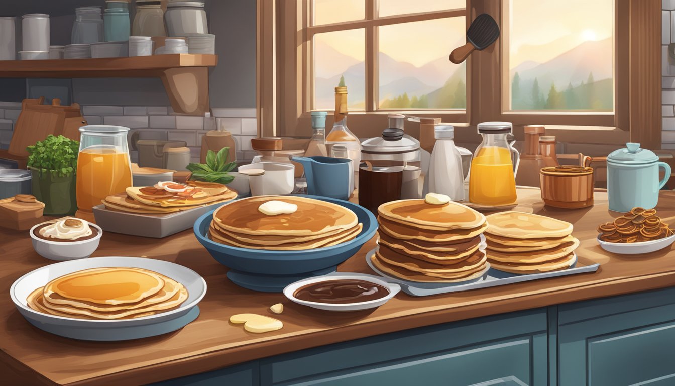 A cozy kitchen with a sizzling griddle, stacks of pancakes, and a variety of toppings and syrups spread out on the counter