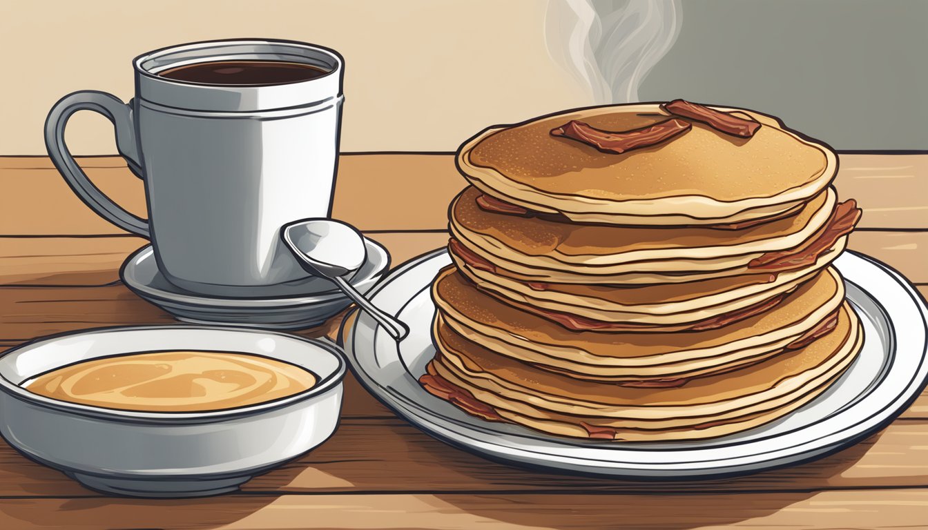 A table set with a stack of pancakes, syrup, and a side of bacon, with a steaming cup of coffee next to a menu from "The IHOP Cookbook."