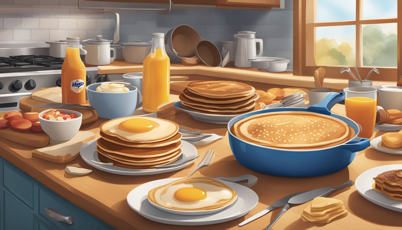 A cozy kitchen with a sizzling griddle, stacks of pancakes, and a variety of breakfast and dinner dishes from the IHOP cookbook spread out on the counter