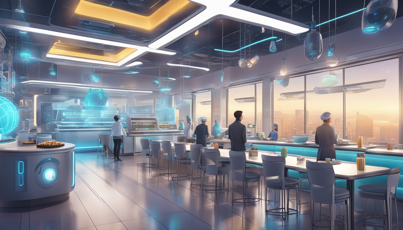 A futuristic breakfast cafe with robotic servers and holographic menus, showcasing advanced technology in food service